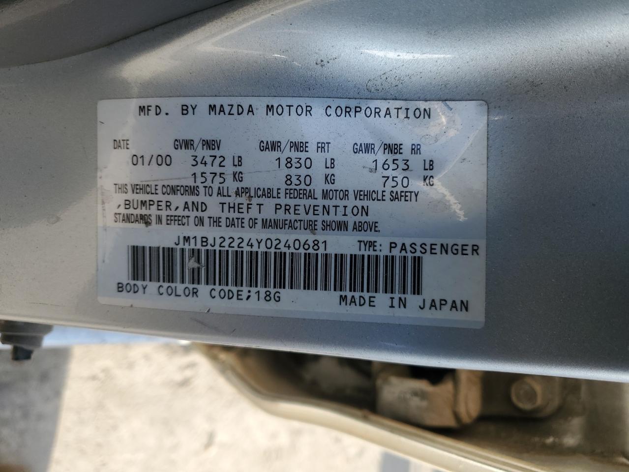2000 Mazda Protege VIN JM1BJ2224Y0240681 Copart auction photo, side damage thumbnail 12