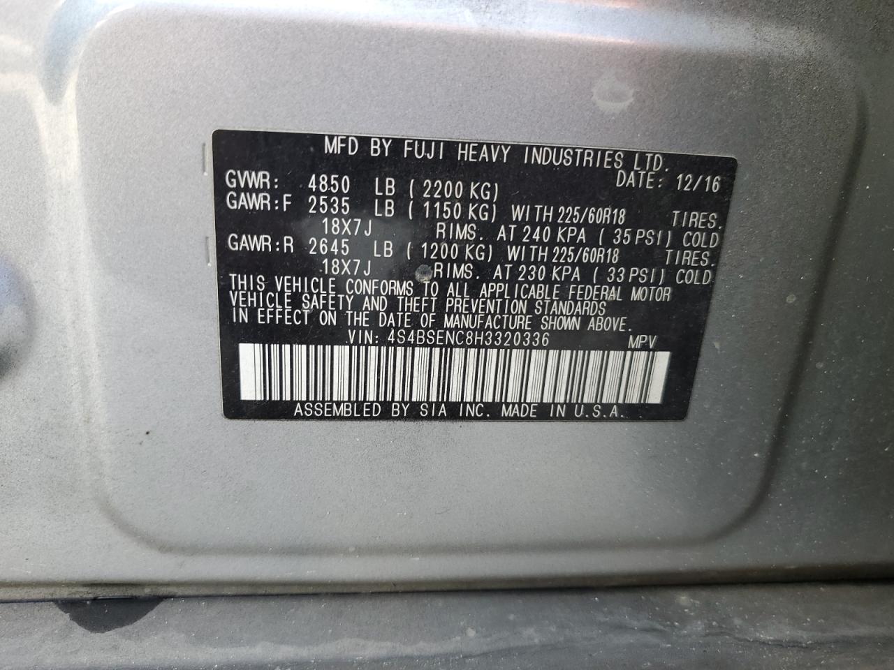 2017 Subaru Outback VIN 4S4BSENC8H3320336 Copart auction photo, front end damage thumbnail 13