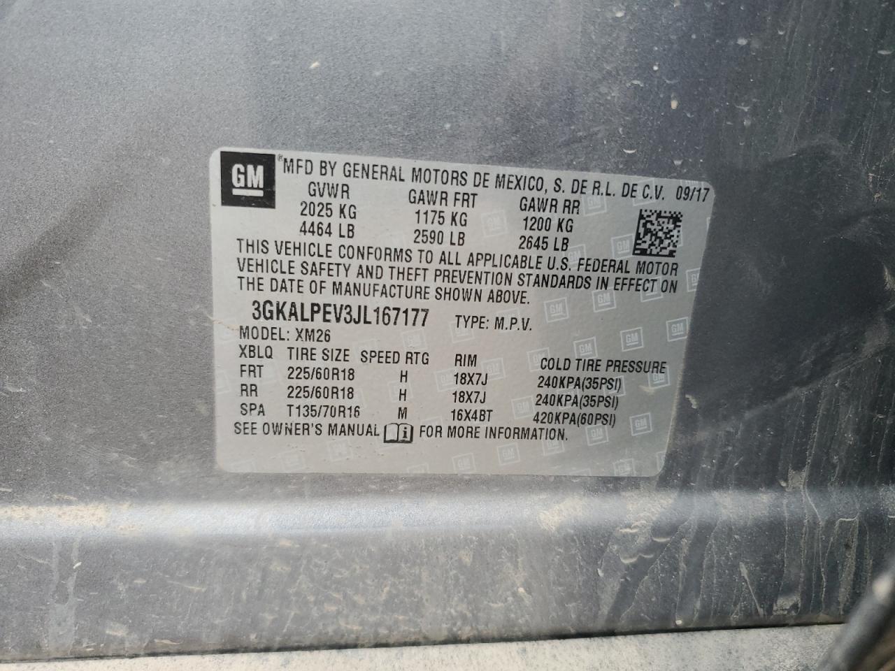 2018 GMC Terrain VIN 3GKALPEV3JL167177 Copart auction photo, rear end / side damage thumbnail 13