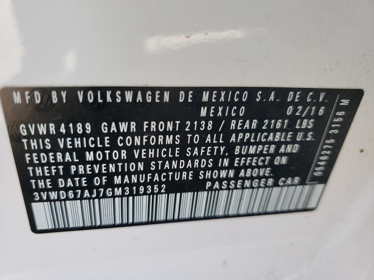 2016 Volkswagen Jetta VIN 3VWD67AJ7GM319352 Copart auction photo, all over damage thumbnail 12