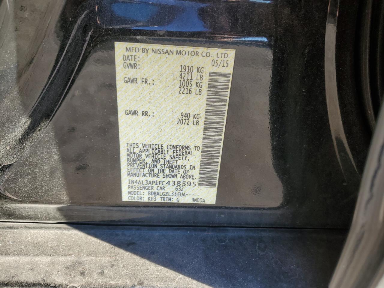 2015 Nissan Altima VIN 1N4AL3AP1FC438595 Copart auction photo, side / front end damage thumbnail 15