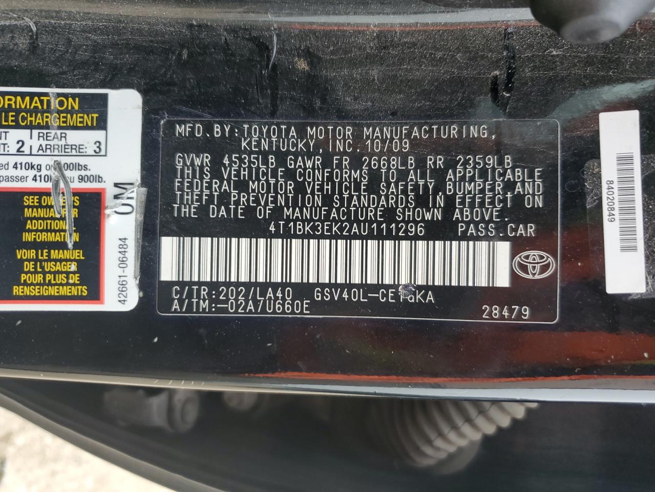 2010 Toyota Camry VIN 4T1BK3EK2AU111296 Copart auction photo, front end / all over damage thumbnail 15