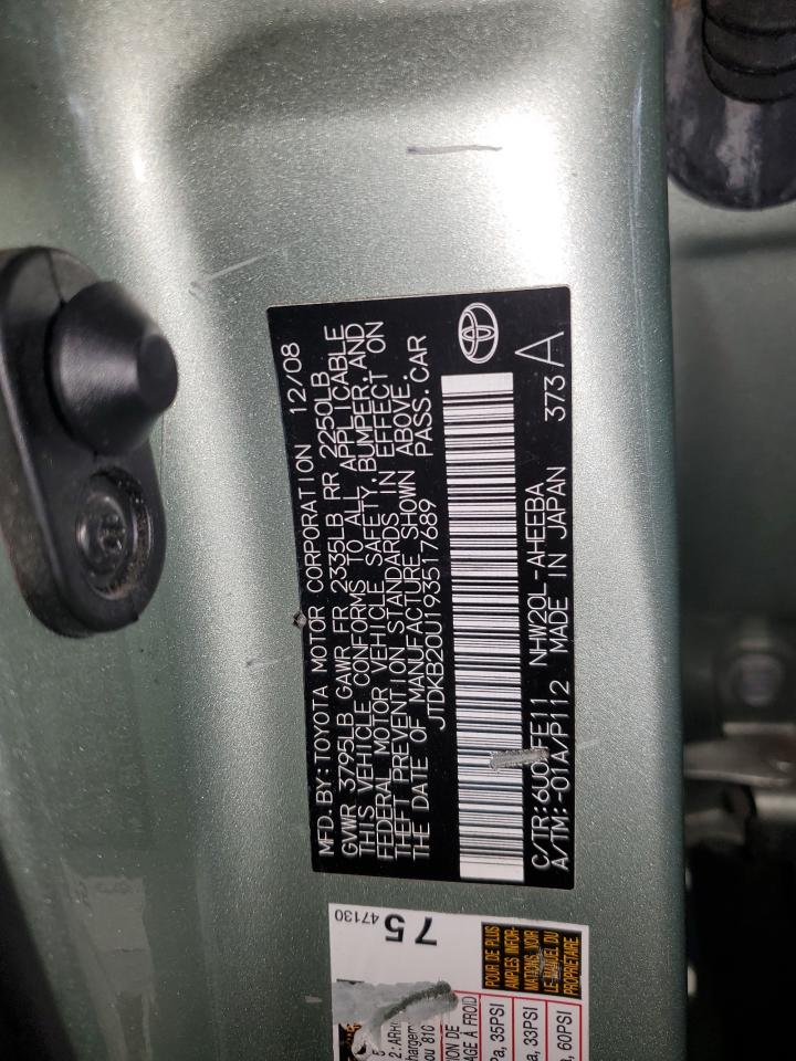 2009 Toyota Prius VIN JTDKB20U193517689 Copart auction photo, front end / side damage thumbnail 14