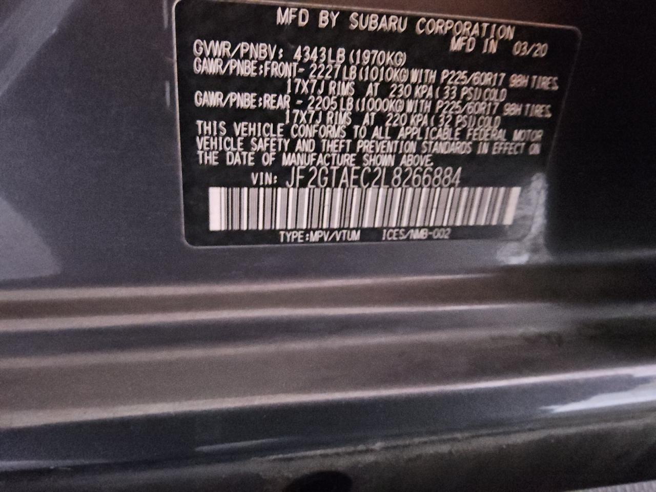 2020 Subaru XV VIN JF2GTAEC2L8266884 Copart auction photo, side / front end damage thumbnail 13