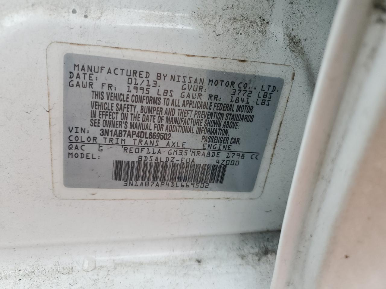 2013 Nissan Sentra VIN 3N1AB7AP4DL669502 Copart auction photo, mechanical / side damage thumbnail 12