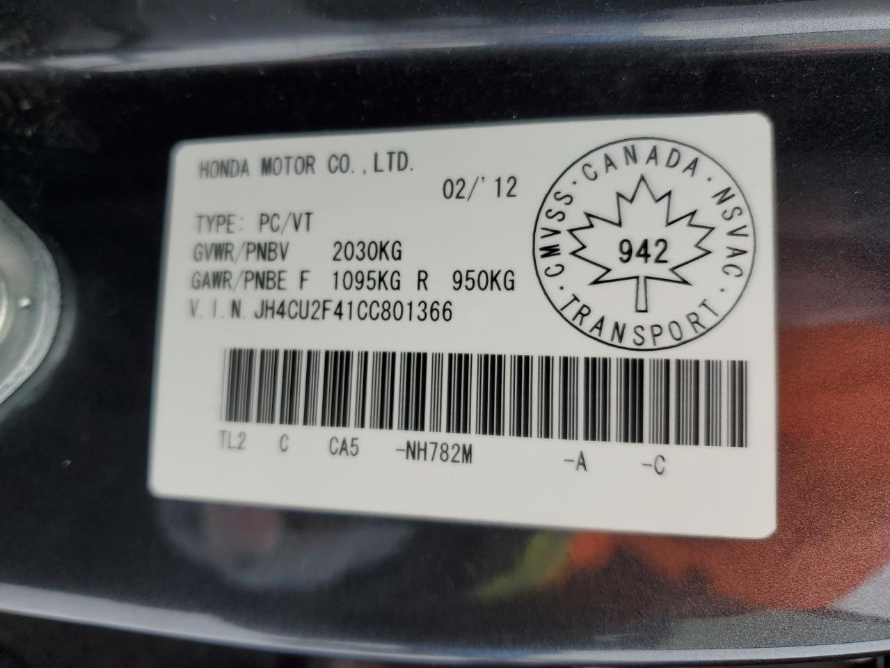 2012 Acura TSX VIN JH4CU2F41CC801366 Copart auction photo, rear end / front end damage thumbnail 12