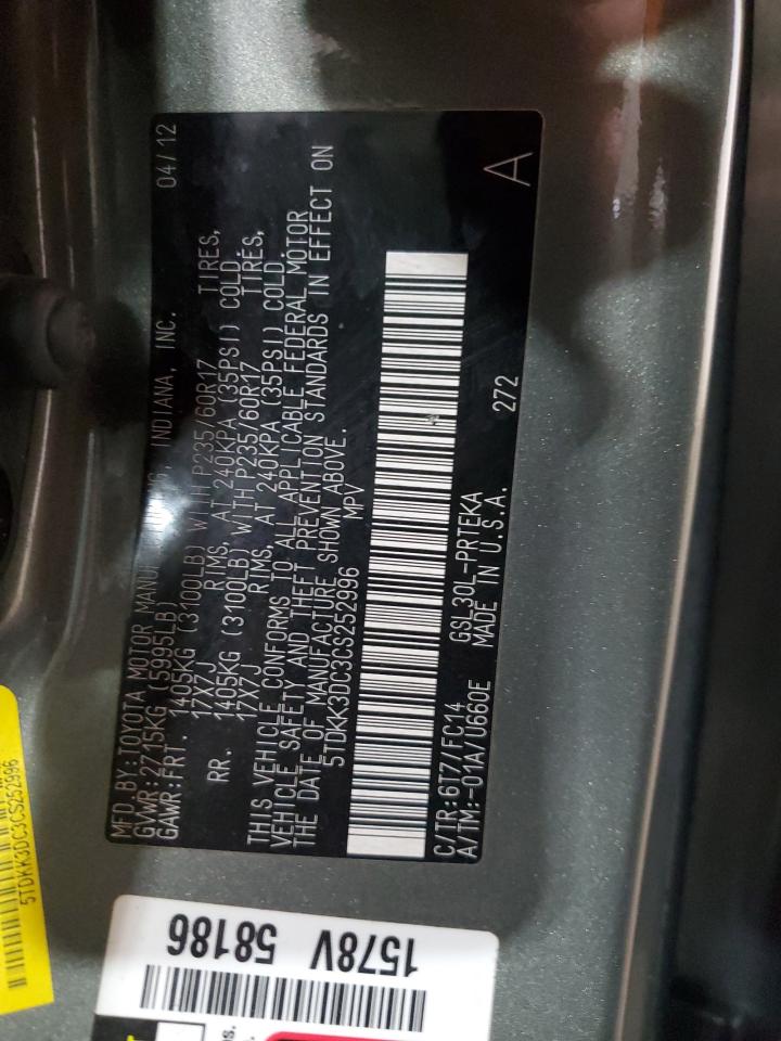 2012 Toyota Sienna VIN 5TDKK3DC3CS252996 Copart auction photo, side / rear end damage thumbnail 13