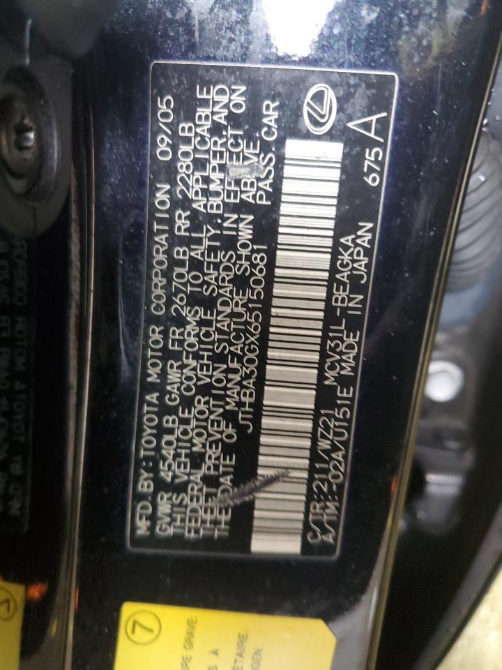 2006 Lexus ES VIN JTHBA30GX65150681 Copart auction photo, front end damage thumbnail 13