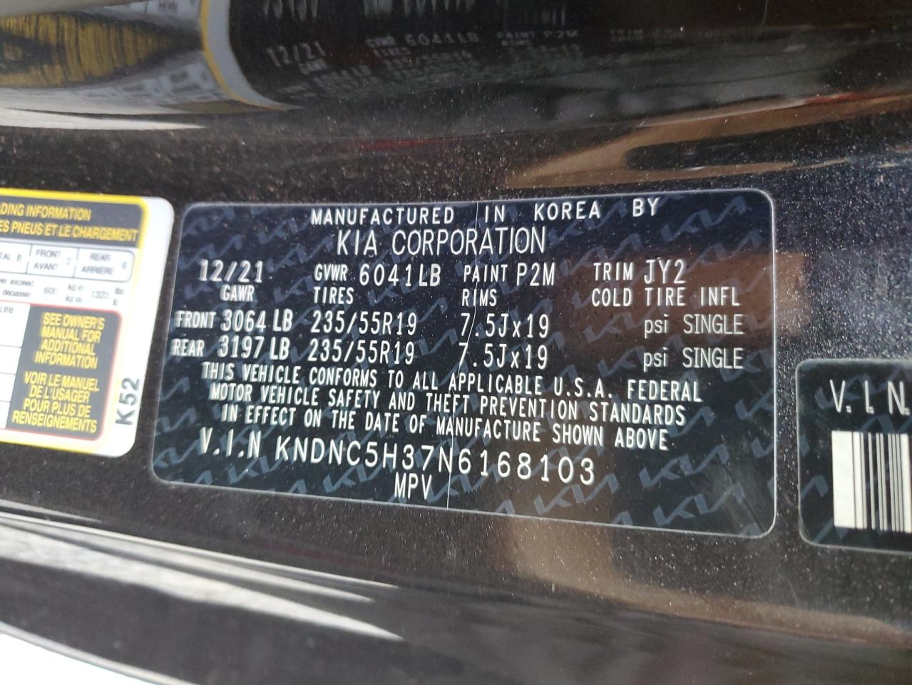 2022 KIA Carnival VIN KNDNC5H37N6168103 Copart auction photo, front end damage thumbnail 13