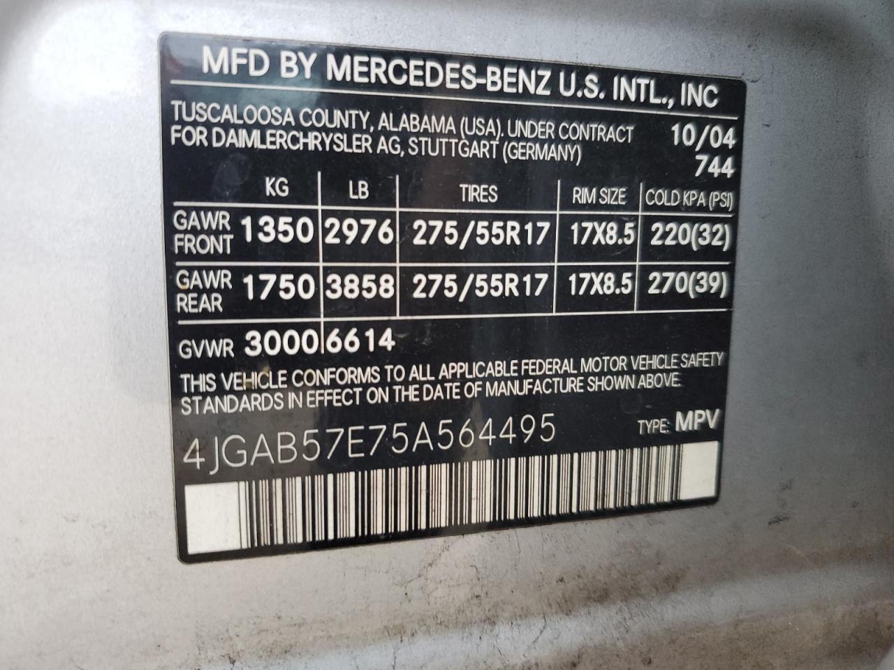 2005 Mercedes-Benz M-klasse VIN 4JGAB57E75A564495 Copart auction photo, side damage thumbnail 14