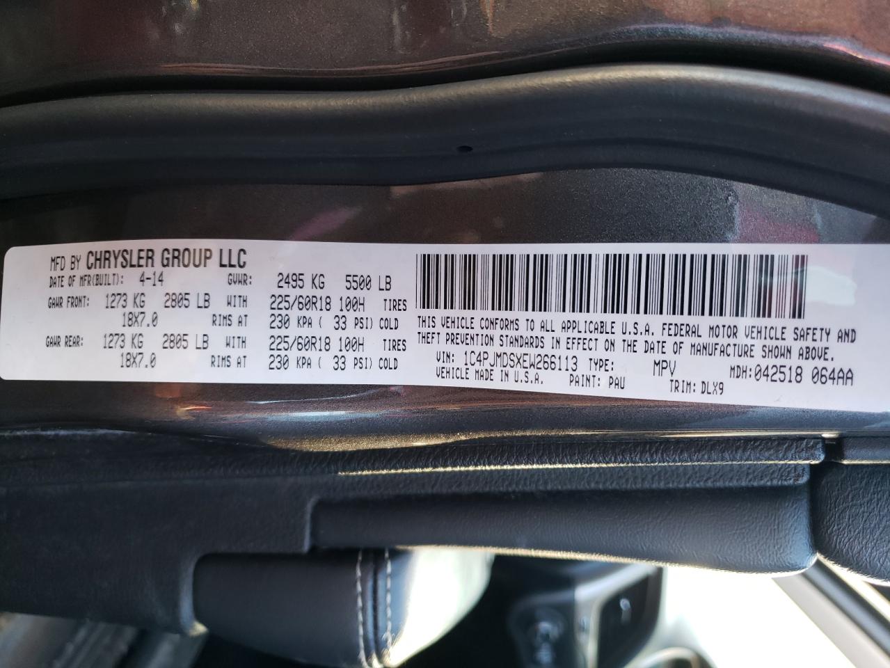2014 Jeep Grand Cherokee VIN 1C4PJMDSXEW266113 Copart auction photo, front end / hail damage thumbnail 15