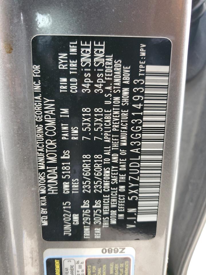 2016 Hyundai Santa Fe VIN 5XYZUDLA3GG314933 Copart auction photo, side / front end damage thumbnail 13