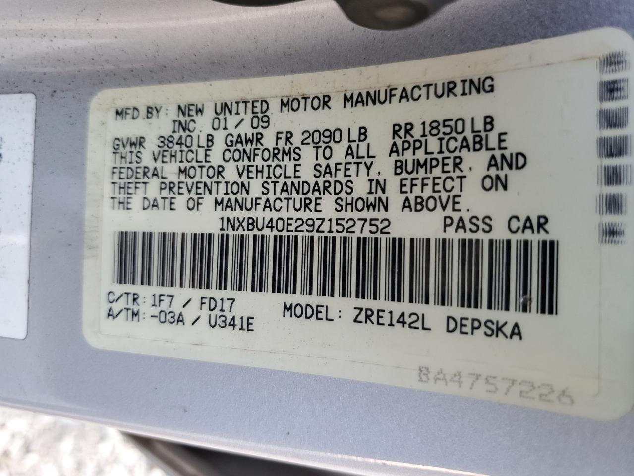 2009 Toyota Corolla VIN 1NXBU40E29Z152752 Copart auction photo, rear end / front end damage thumbnail 12