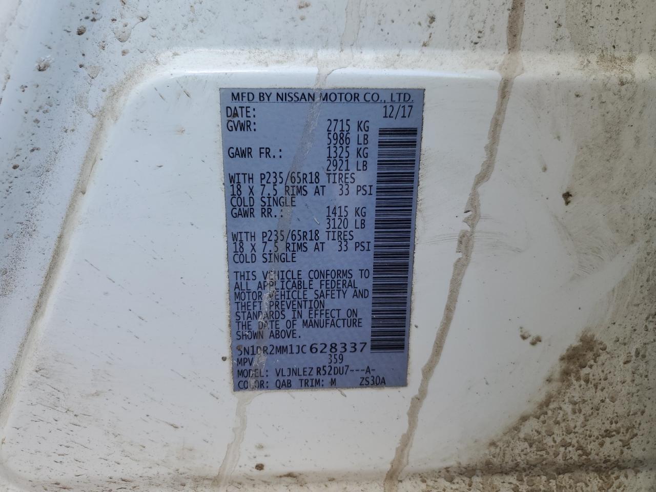 2018 Nissan Pathfinder VIN 5N1DR2MM1JC628337 Copart auction photo, front end / all over damage thumbnail 16