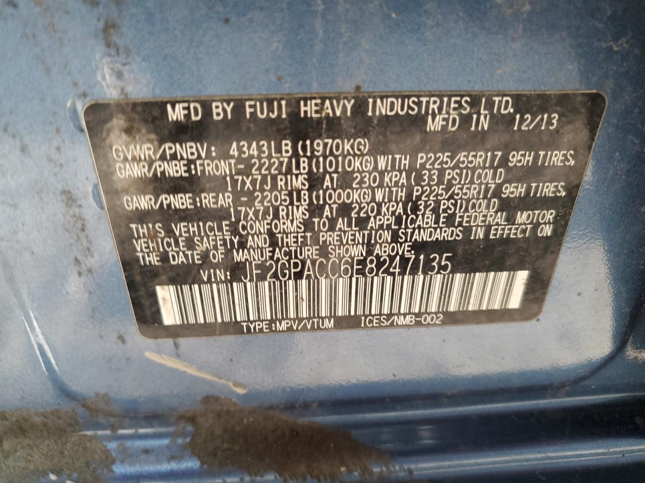 2014 Subaru XV VIN JF2GPACC6E8247135 Copart auction photo, burn damage thumbnail 13