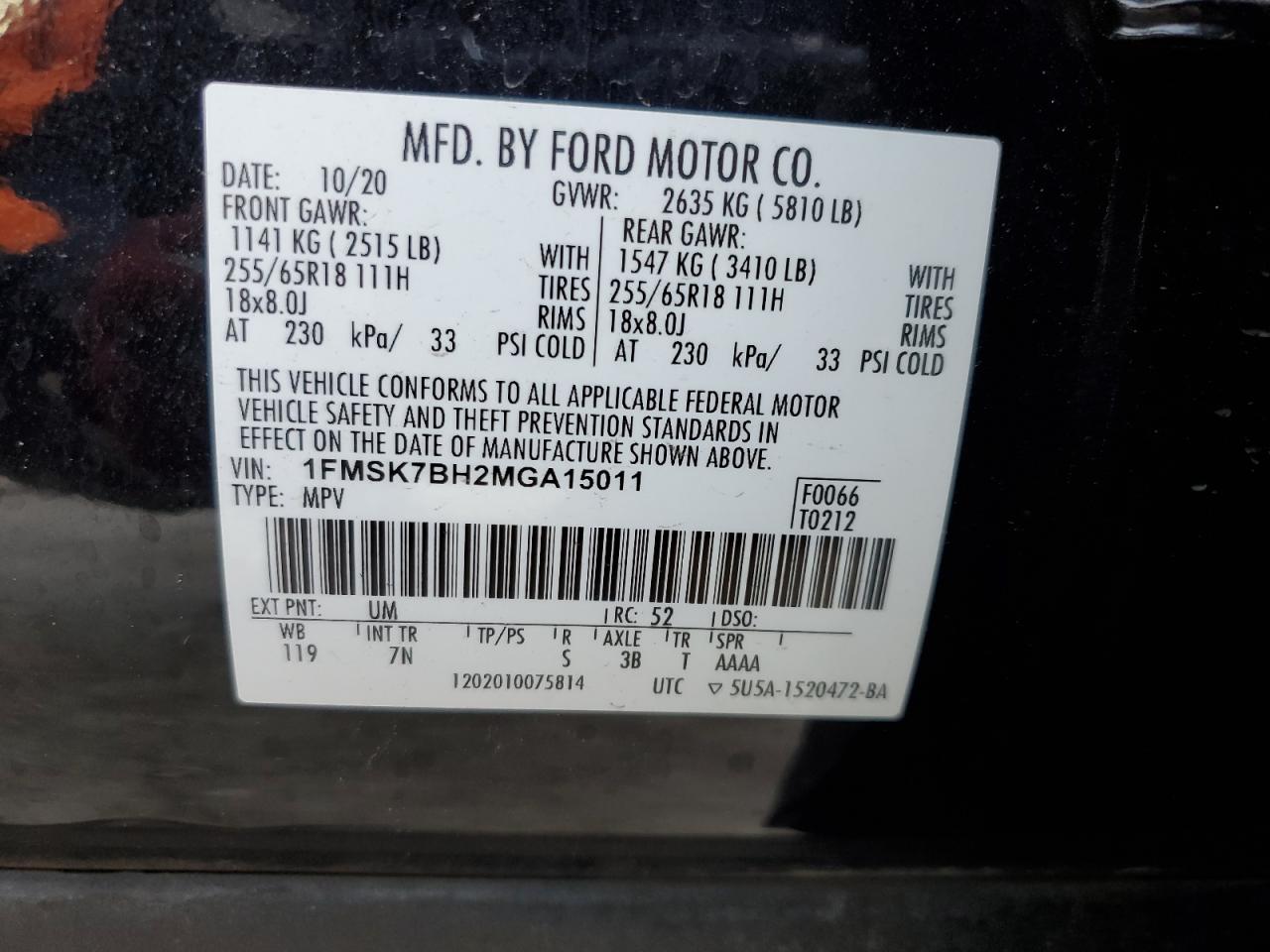 2021 Ford Explorer VIN 1FMSK7BH2MGA15011 Copart auction photo, rear end / minor dent/scratches damage thumbnail 13