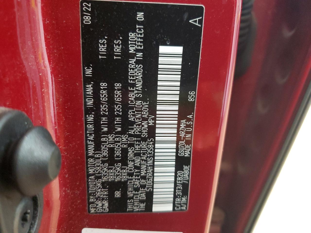 2022 Toyota Highlander VIN 5TDGZRAH1NS135845 Copart auction photo, front end damage thumbnail 15