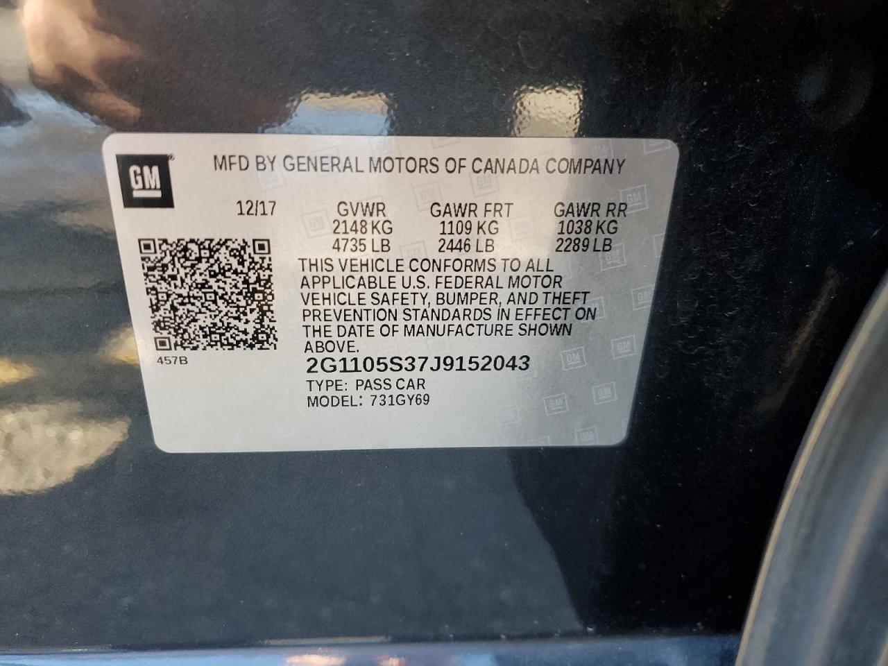 2018 Chevrolet Impala VIN 2G1105S37J9152043 Copart auction photo, front end damage thumbnail 12