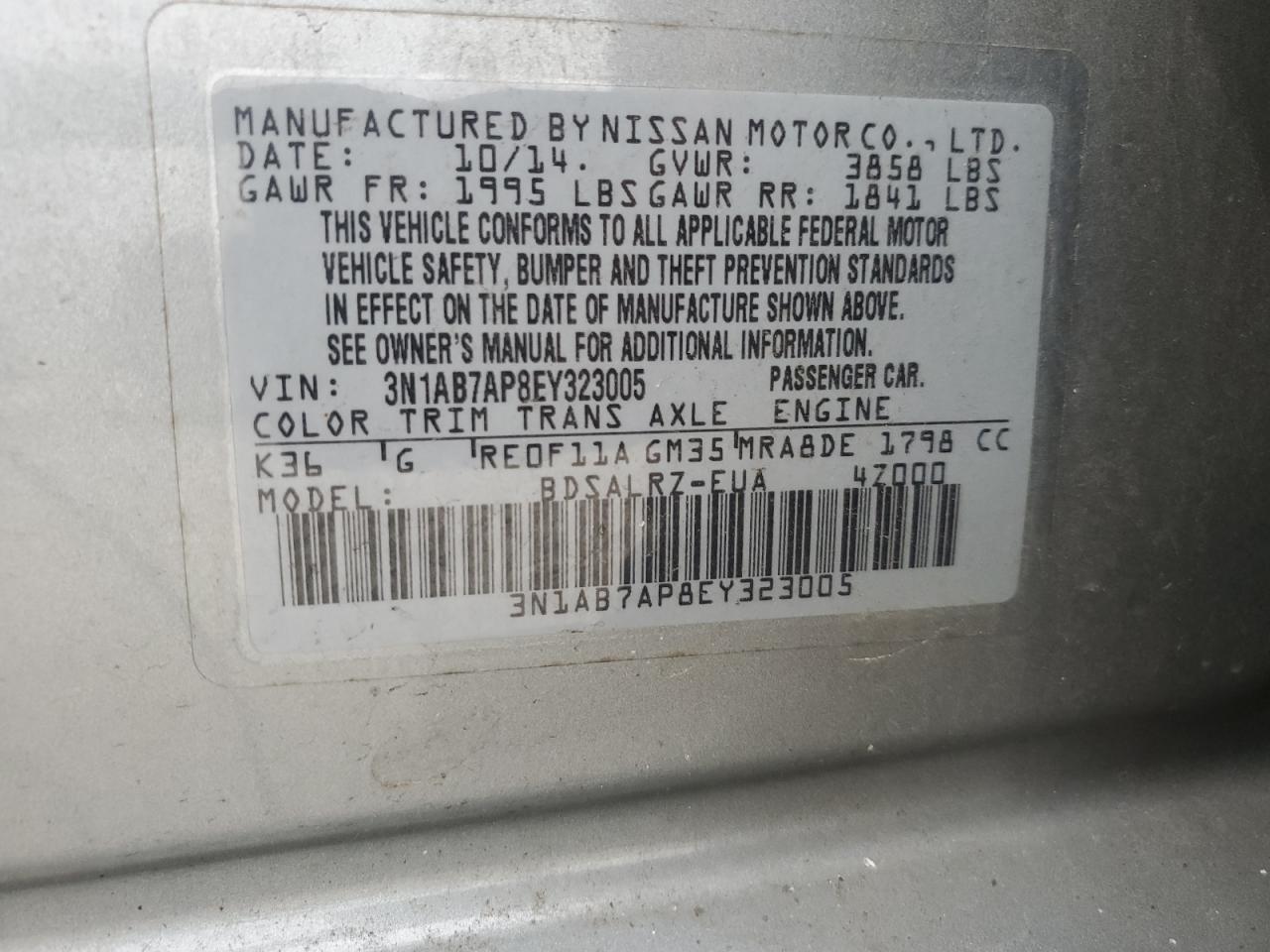 2014 Nissan Sentra VIN 3N1AB7AP8EY323005 Copart auction photo, rear end damage thumbnail 12