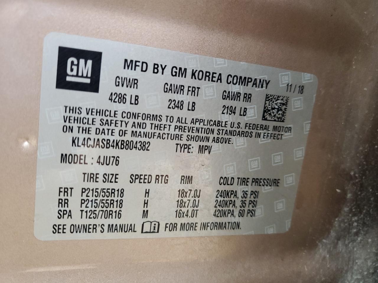 2019 Buick Encore VIN KL4CJASB4KB804382 Copart auction photo, all over damage thumbnail 14
