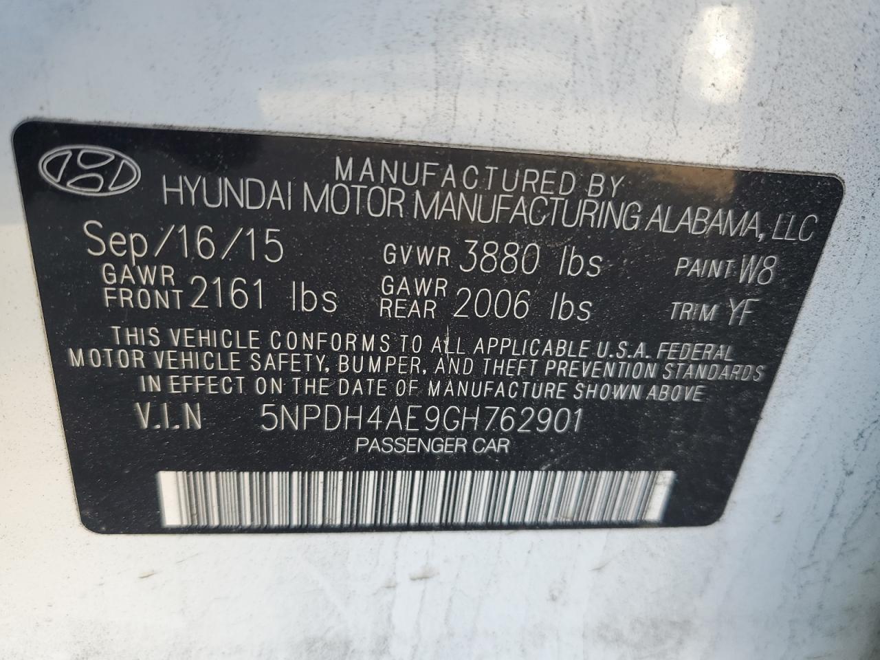 2016 Hyundai Elantra VIN 5NPDH4AE9GH762901 Copart auction photo, front end damage thumbnail 14