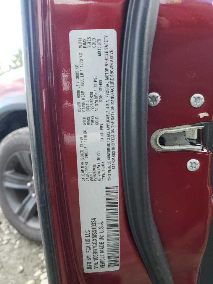 2021 RAM 1500 VIN 1C6RR7GGXMS510334 Copart auction photo, front end damage thumbnail 12
