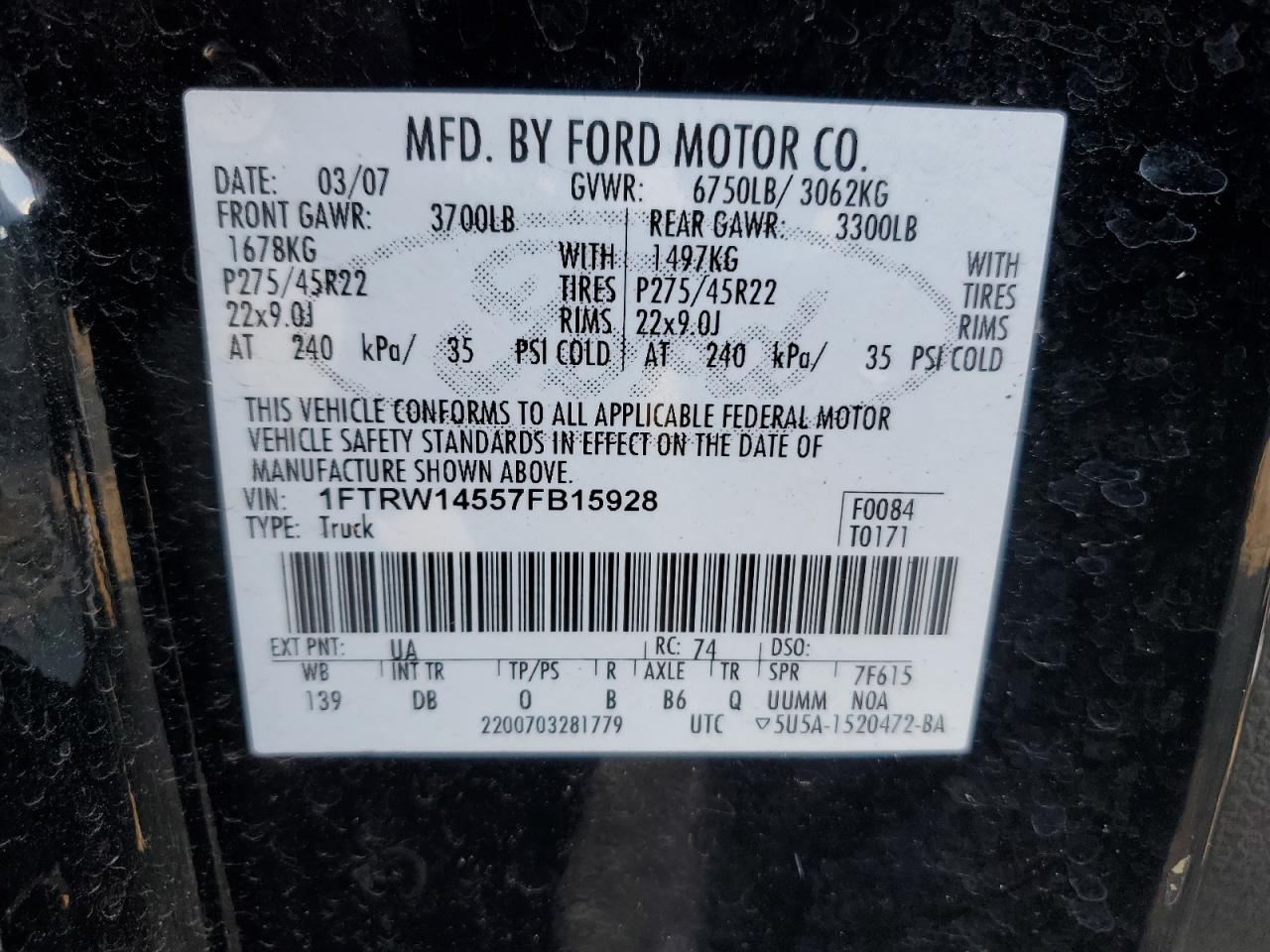 2007 Ford F-150 VIN 1FTRW14557FB15928 Copart auction photo, rear end damage thumbnail 12