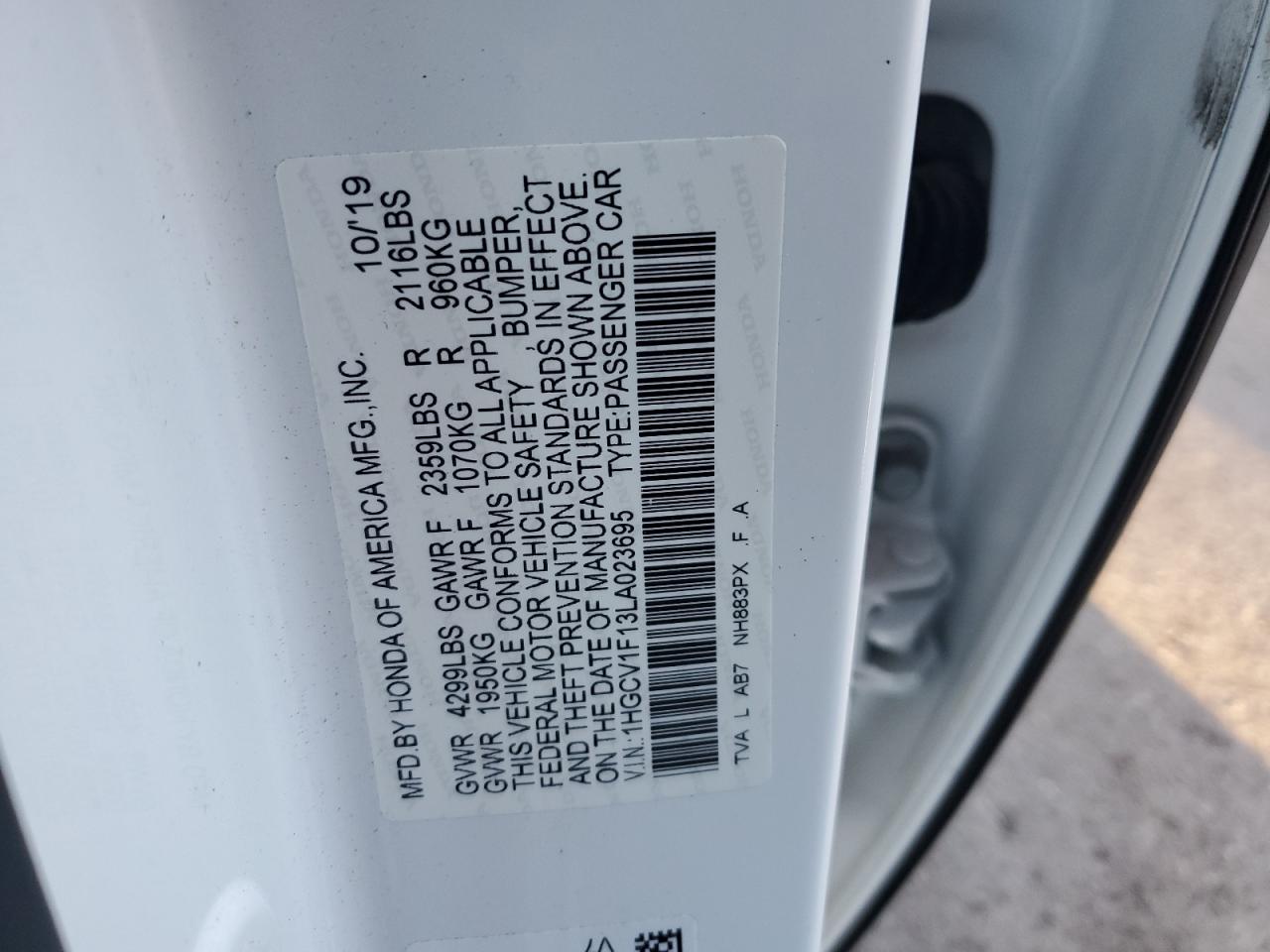 2020 Honda Accord VIN 1HGCV1F13LA023695 Copart auction photo, side damage thumbnail 14