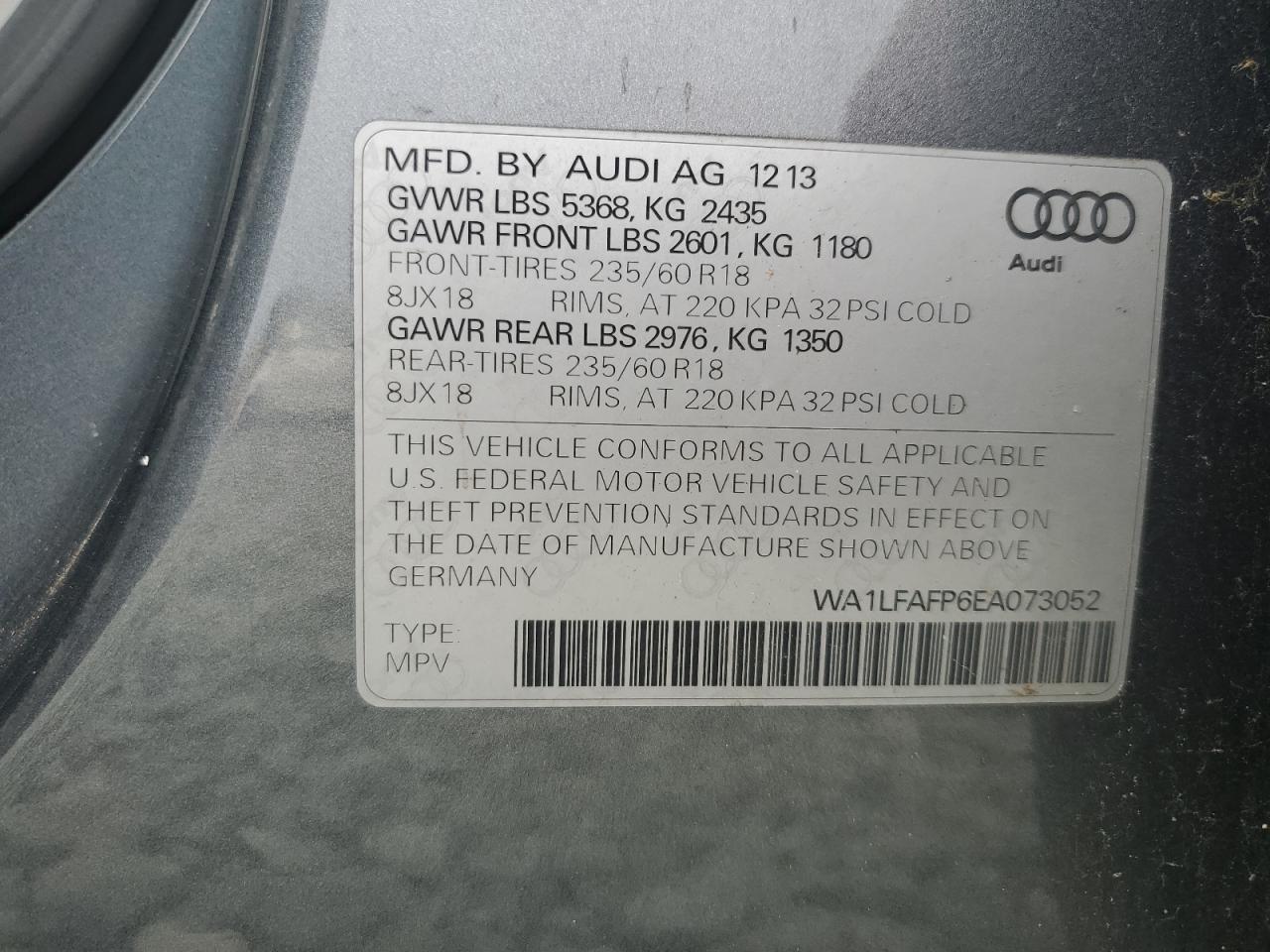 2014 Audi Q5 VIN WA1LFAFP6EA073052 Copart auction photo, mechanical / minor dent/scratches damage thumbnail 14
