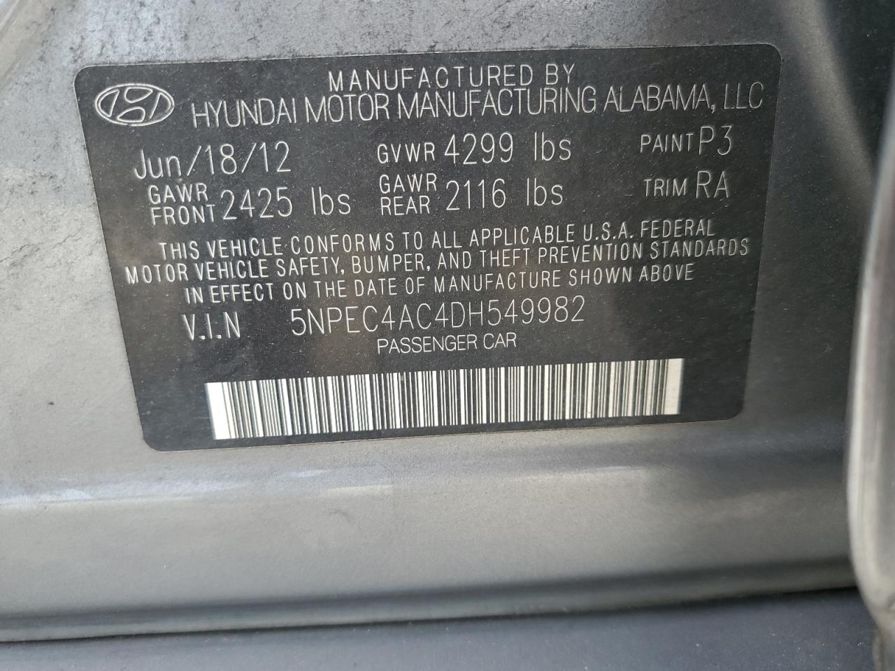 2013 Hyundai Sonata VIN 5NPEC4AC4DH549982 Copart auction photo, front end / side damage thumbnail 12