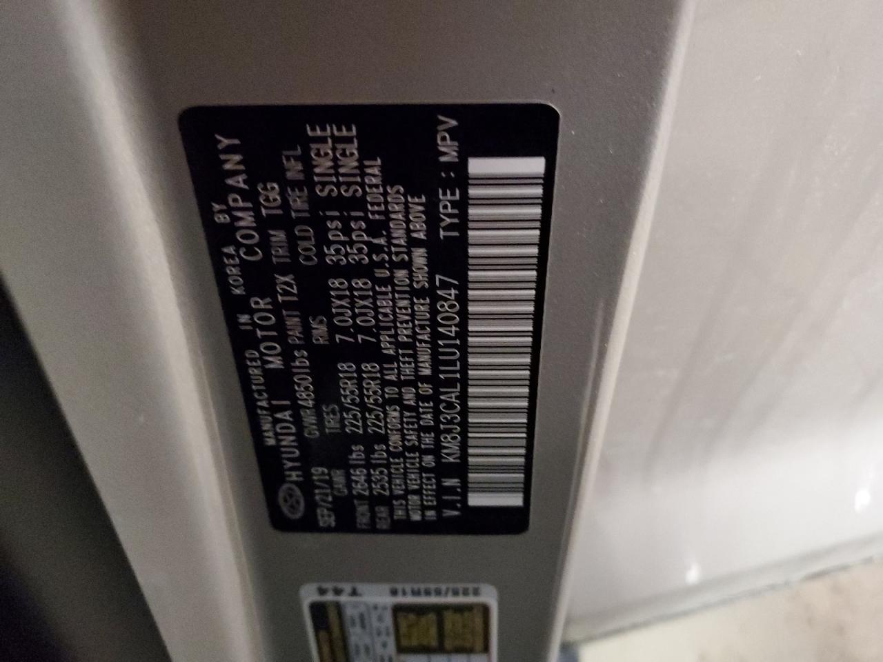2020 Hyundai Tucson VIN KM8J3CAL1LU140847 Copart auction photo, all over damage thumbnail 12