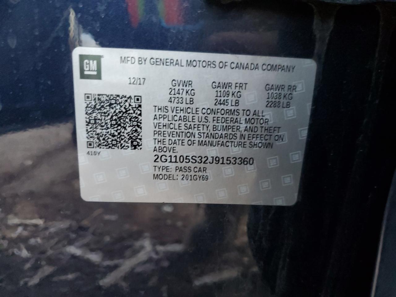 2018 Chevrolet Impala VIN 2G1105S32J9153360 Copart auction photo, front end damage thumbnail 12