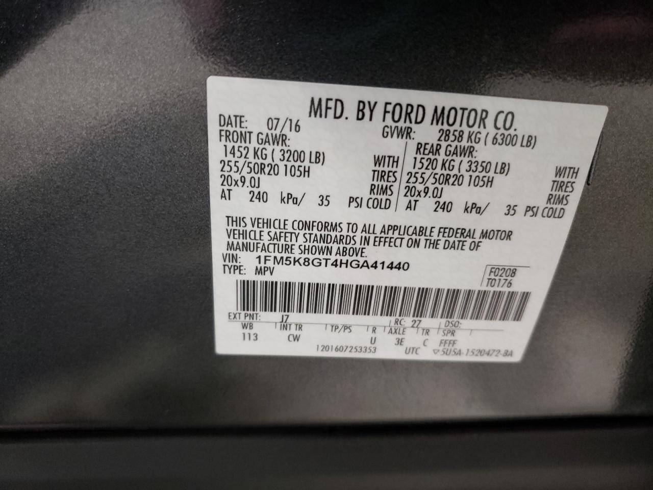 2017 Ford Explorer VIN 1FM5K8GT4HGA41440 Copart auction photo, minor dent/scratches damage thumbnail 13
