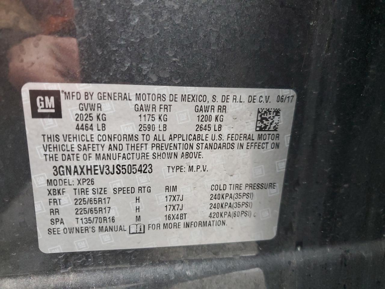 2018 Chevrolet Equinox VIN 3GNAXHEV3JS505423 Copart auction photo, side / rear end damage thumbnail 15