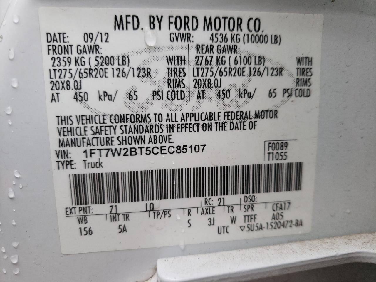 2012 Ford F250 VIN 1FT7W2BT5CEC85107 Copart auction photo, all over damage thumbnail 14