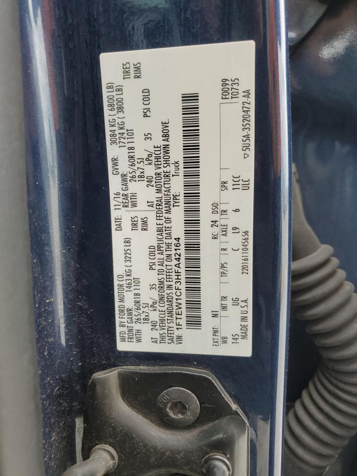 2017 Ford F-150 VIN 1FTEW1CF3HFA42164 Copart auction photo, rear end damage thumbnail 14
