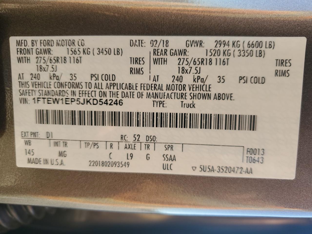 2018 Ford F-150 VIN 1FTEW1EP5JKD54246 Copart auction photo, front end damage thumbnail 12