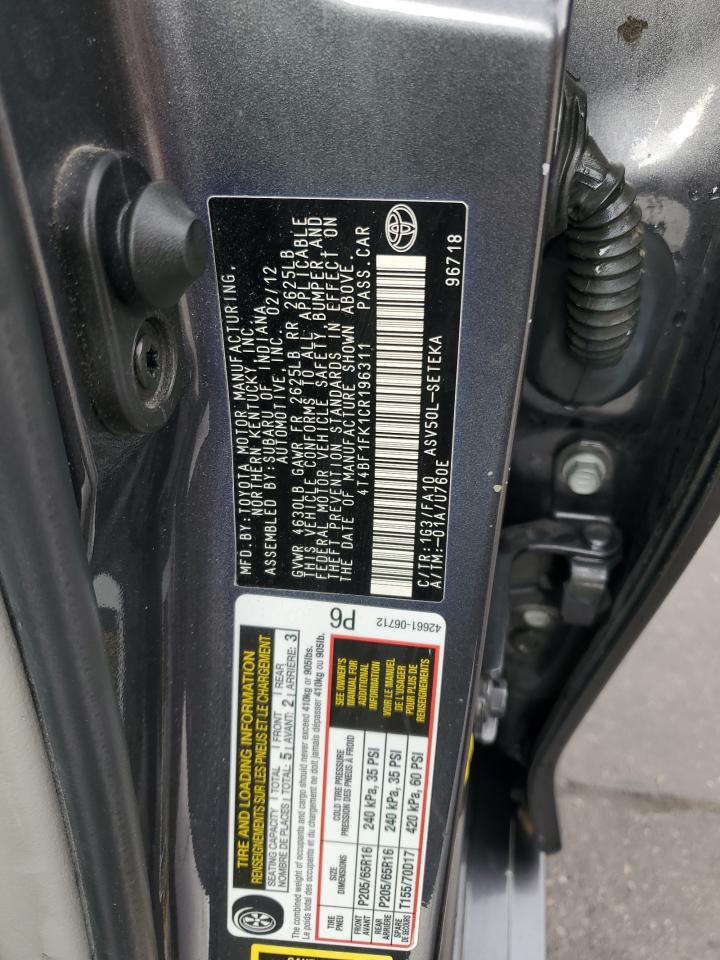 2012 Toyota Camry VIN 4T4BF1FK1CR196311 Copart auction photo, front end / hail damage thumbnail 12