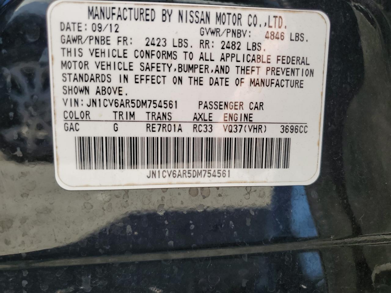 2013 Infiniti G VIN JN1CV6AR5DM754561 Copart auction photo, front end damage thumbnail 13