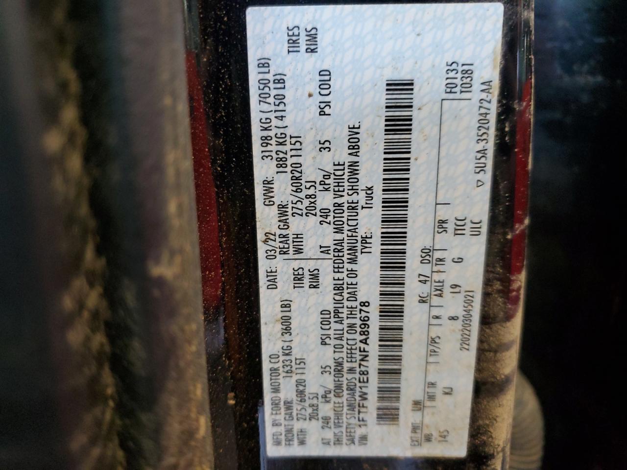 2022 Ford F-150 VIN 1FTFW1E87NFA89678 Copart auction photo, water/flood / minor dent/scratches damage thumbnail 14