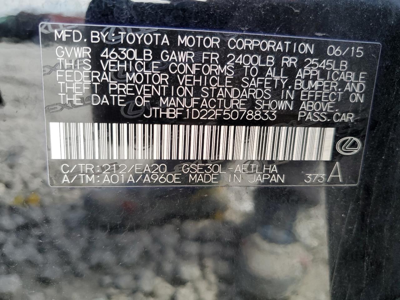 2015 Lexus IS VIN JTHBF1D22F5078833 Copart auction photo, front end damage thumbnail 12