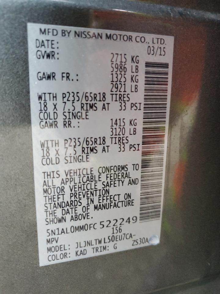 2015 Infiniti QX60 VIN 5N1AL0MM0FC522249 Copart auction photo, side damage thumbnail 14