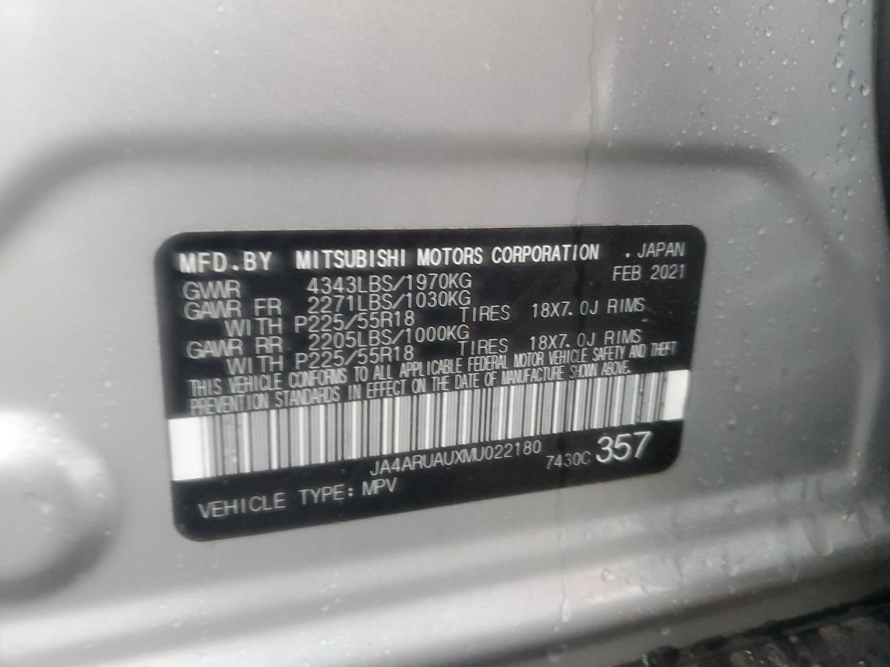 2021 Mitsubishi Outlander VIN JA4ARUAUXMU022180 Copart auction photo, front end damage thumbnail 14