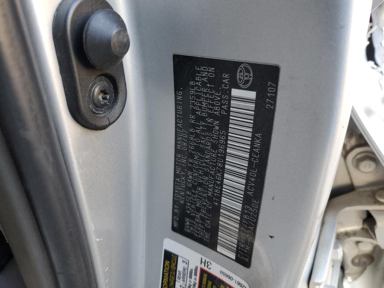 2008 Toyota Camry VIN 4T1BE46K78U196965 Copart auction photo, side damage thumbnail 14