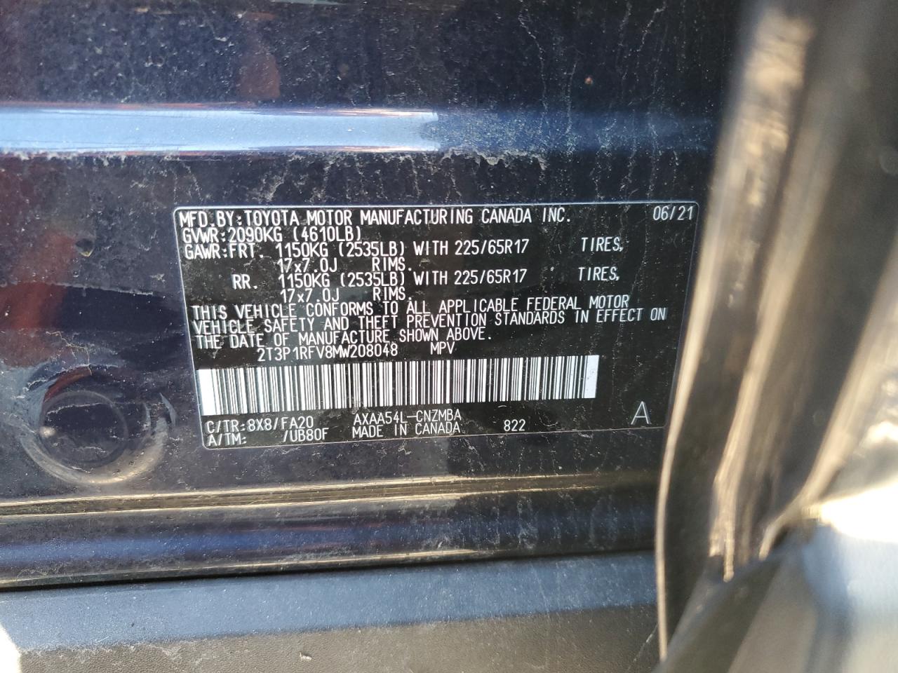 2021 Toyota RAV 4 VIN 2T3P1RFV8MW208048 Copart auction photo, rear end damage thumbnail 13