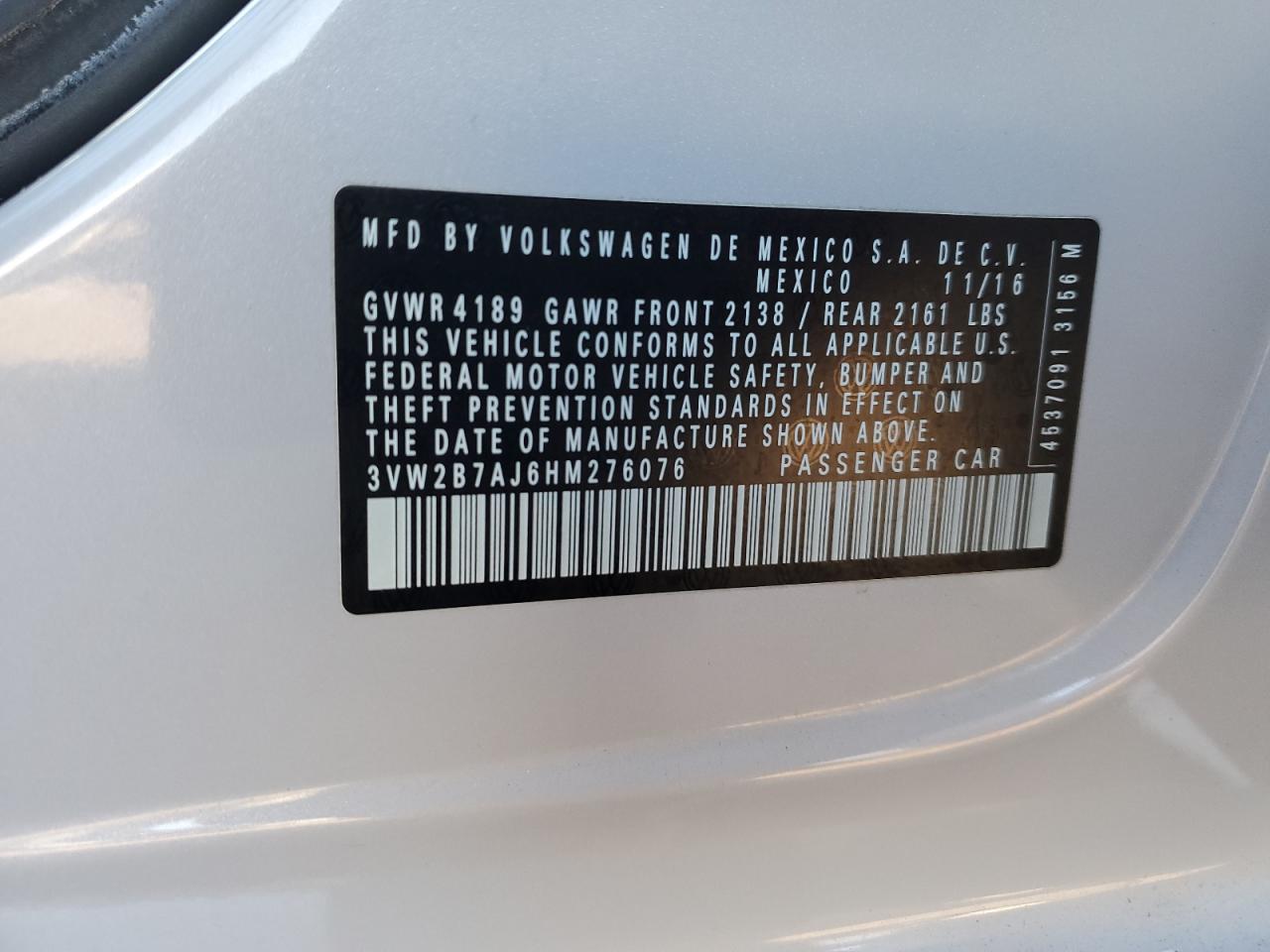 2017 Volkswagen Jetta VIN 3VW2B7AJ6HM276076 Copart auction photo, side damage thumbnail 12