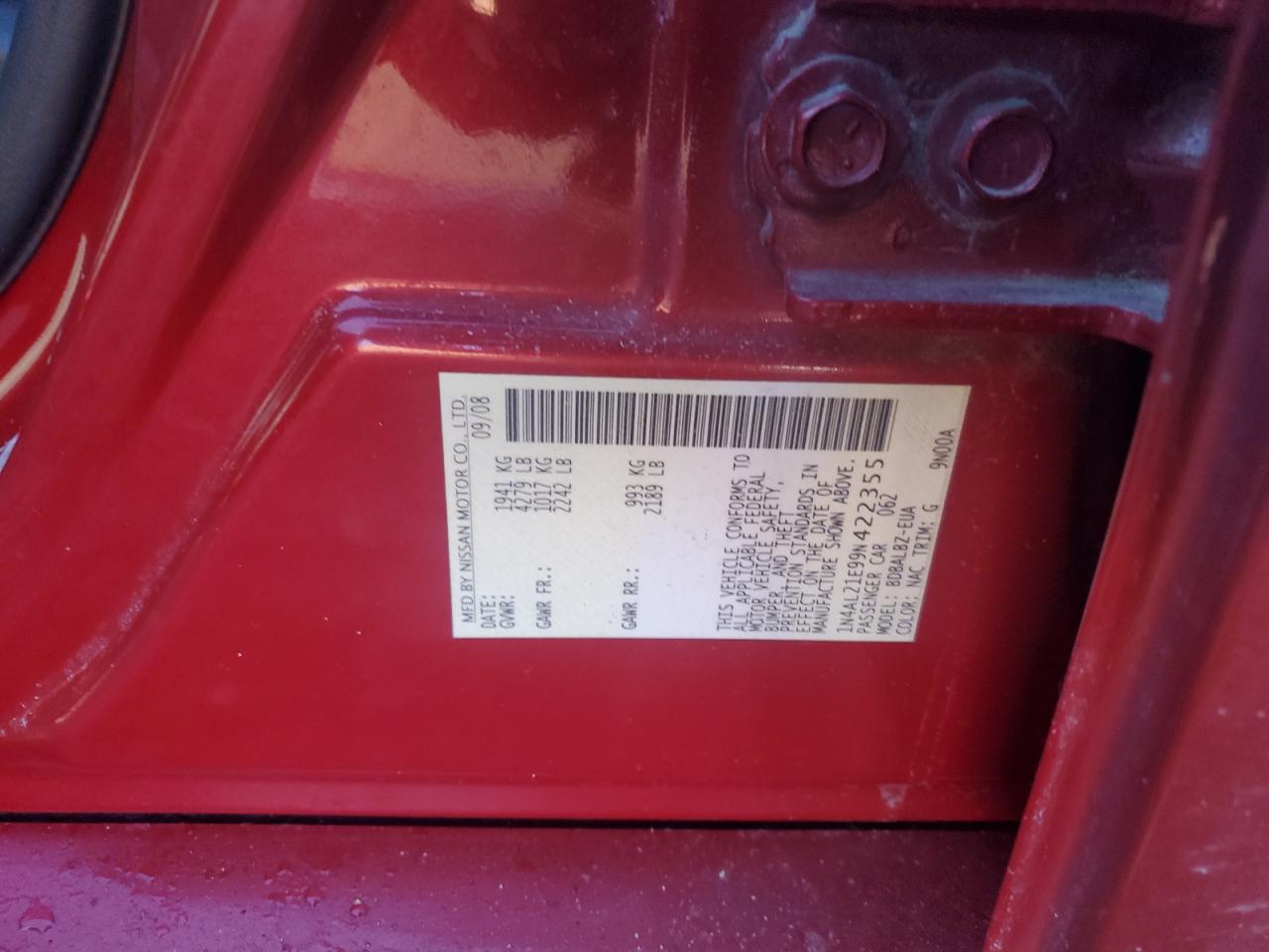 2009 Nissan Altima VIN 1N4AL21E99N422355 Copart auction photo, front end / minor dent/scratches damage thumbnail 15
