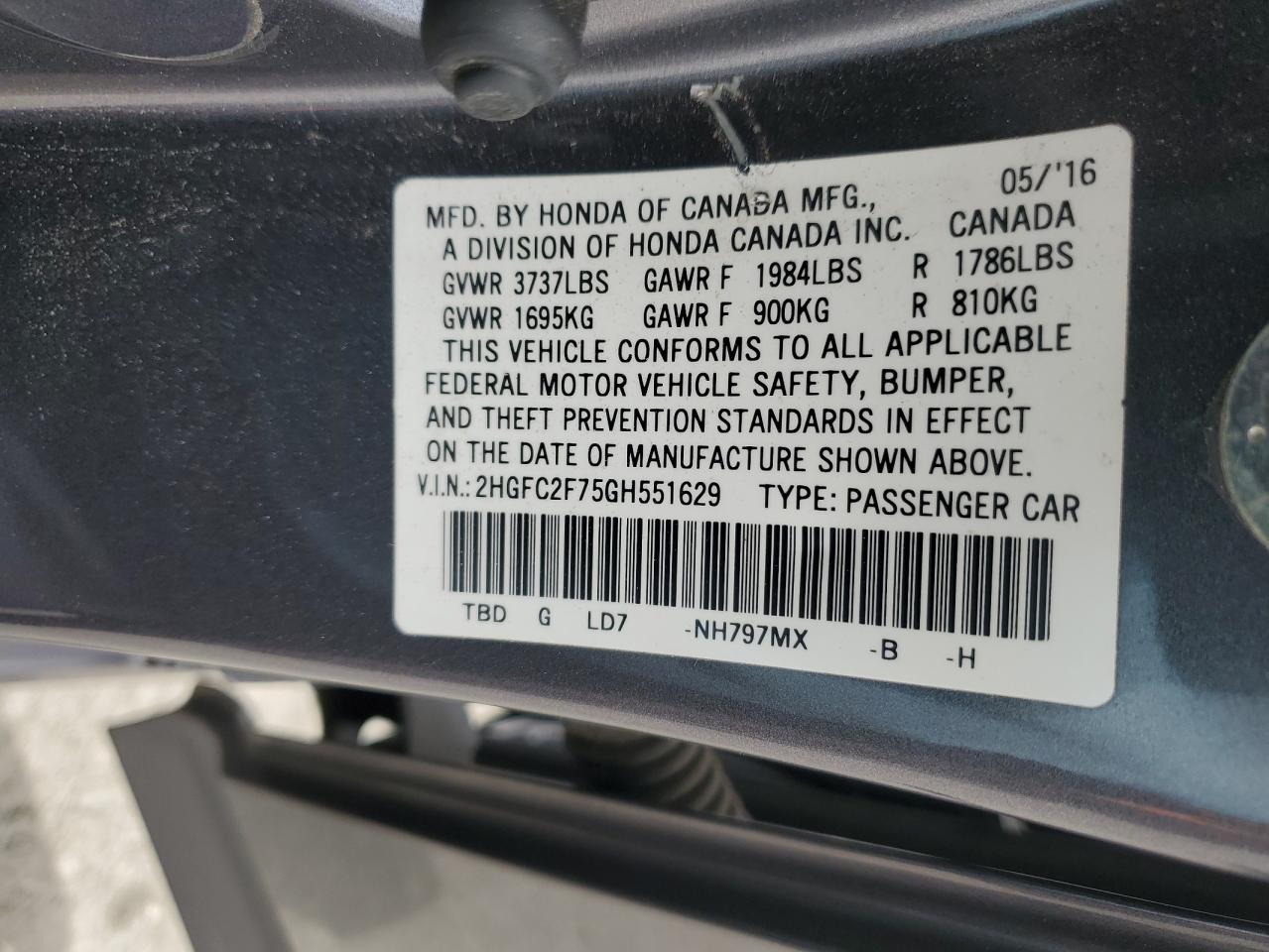 2016 Honda Civic VIN 2HGFC2F75GH551629 Copart auction photo, front end damage thumbnail 12