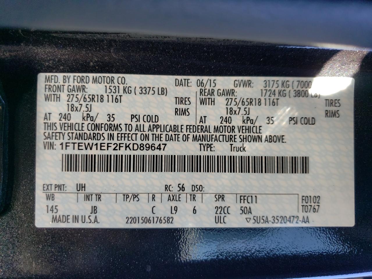 2015 Ford F-150 VIN 1FTEW1EF2FKD89647 Copart auction photo, front end damage thumbnail 12