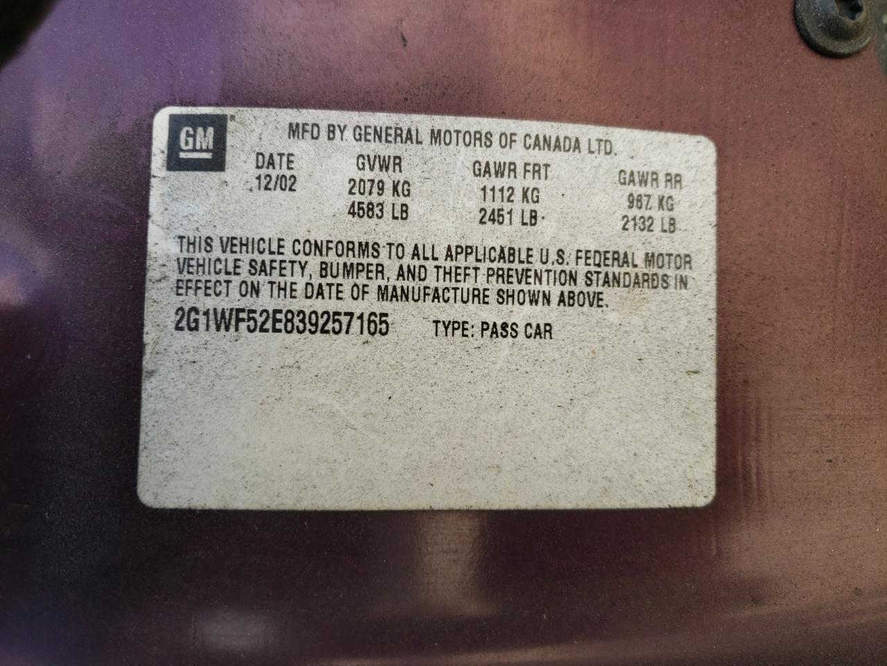 2003 Chevrolet Impala VIN 2G1WF52E839257165 Copart auction photo, all over damage thumbnail 14